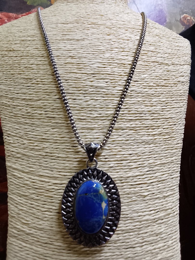 Silver Chain Necklace with Blue Stone Pendant