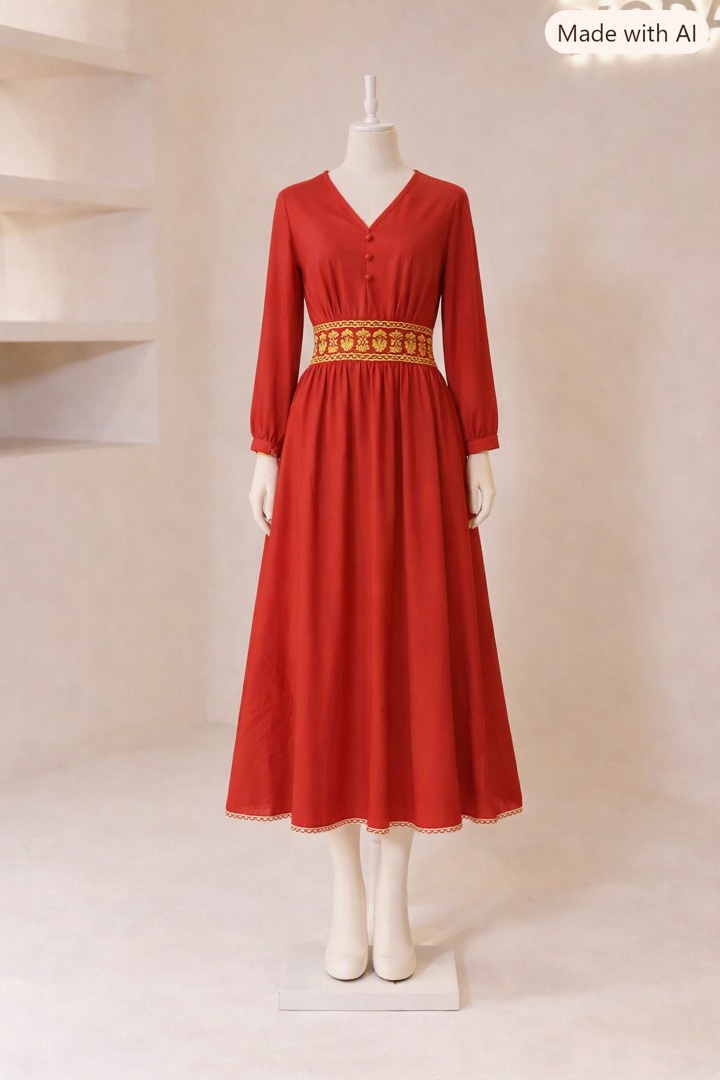Red V-Neck Long Sleeve Dress with Embroidered Belt