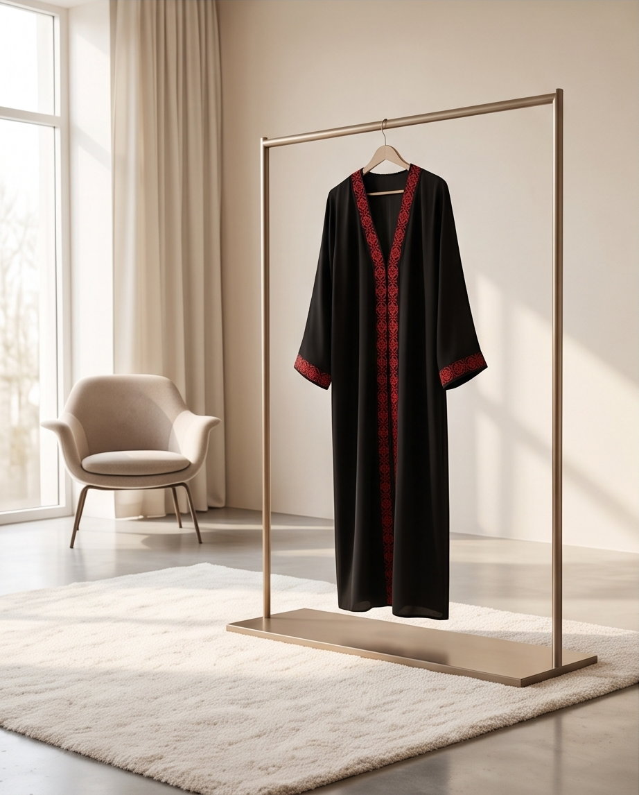 Black Abaya with Red Embroidered Trim 2