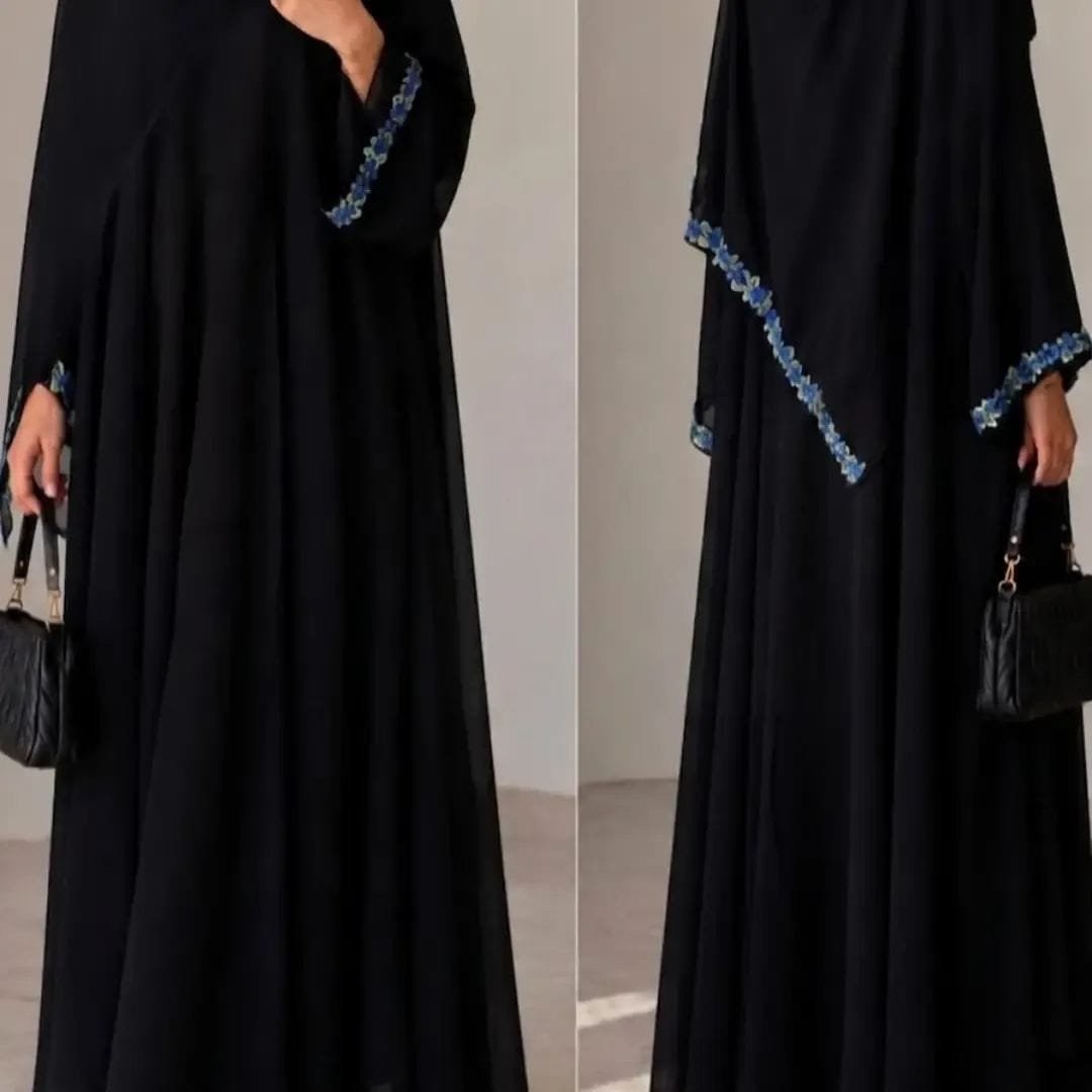 Elegant Black Abaya with Blue Floral Embroidery 3