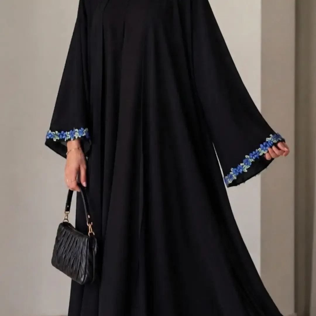 Elegant Black Abaya with Blue Floral Embroidery 2