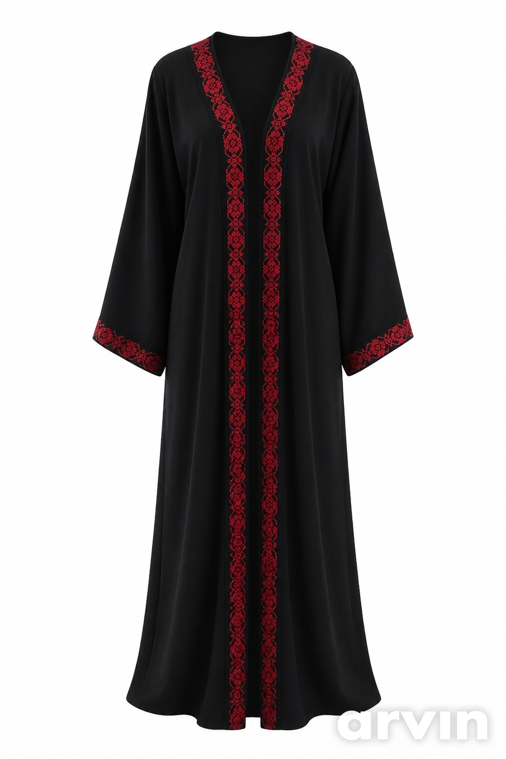 Black Abaya with Red Embroidered Trim 3