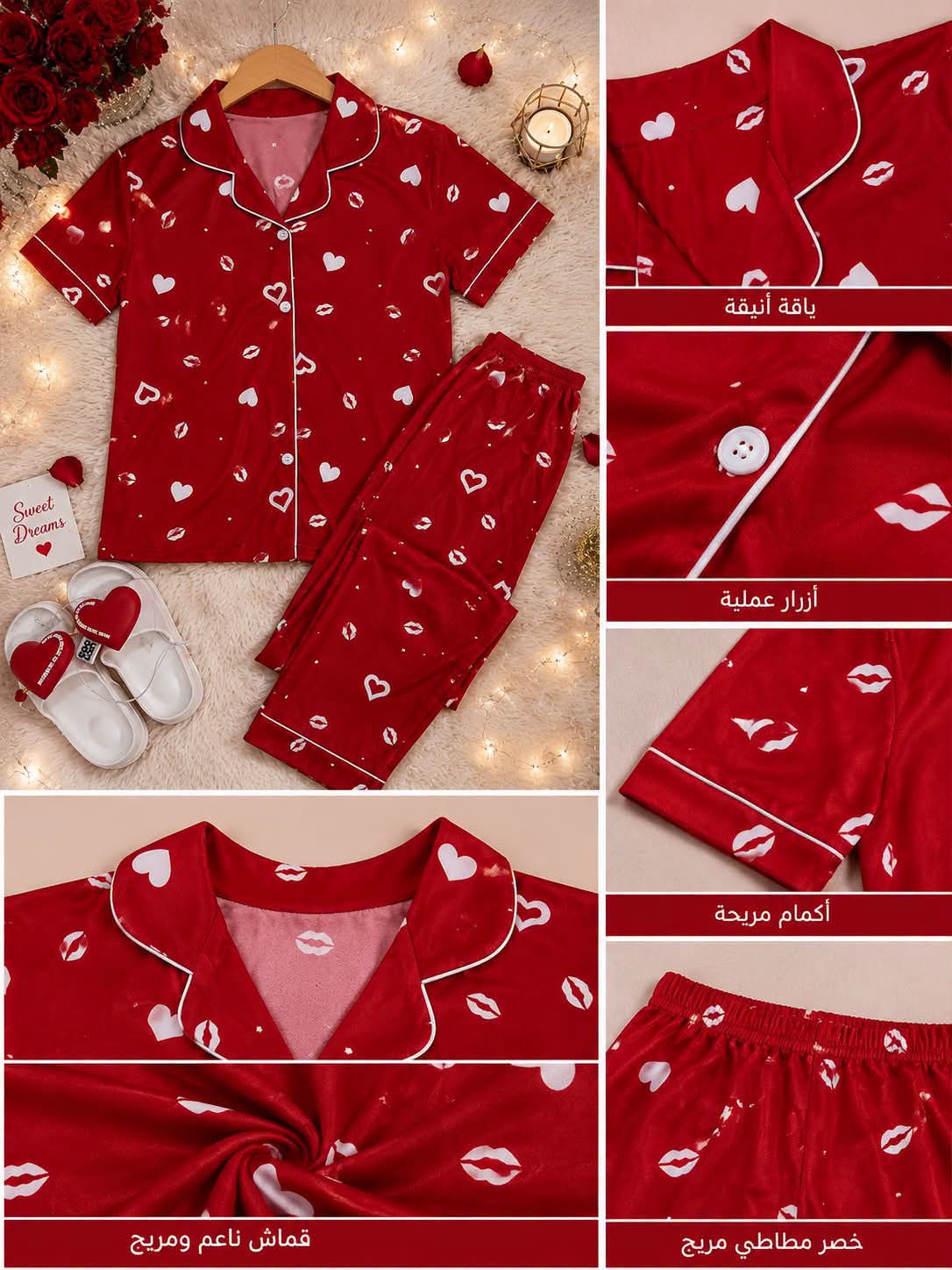 Women's Red Pajama Set with Hearts and Lips Print