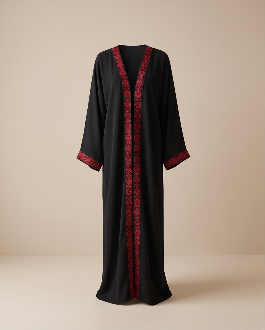 Black Abaya with Red Embroidered Trim