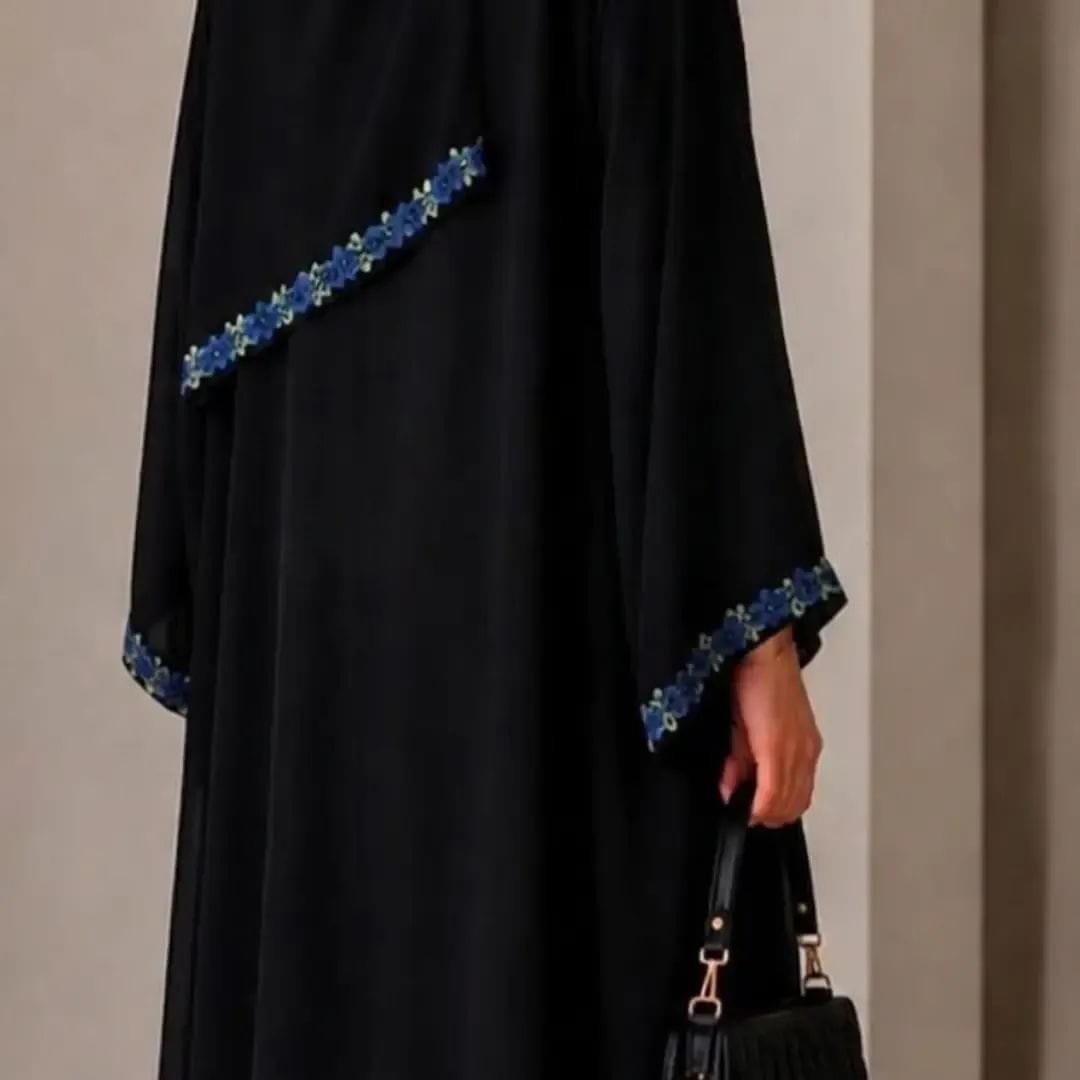 Elegant Black Abaya with Blue Floral Embroidery 4