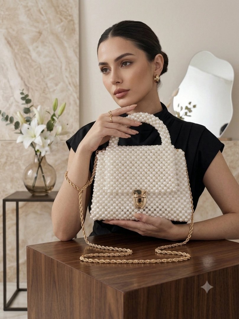 Elegant Pearl Beaded Handbag with Gold Chain