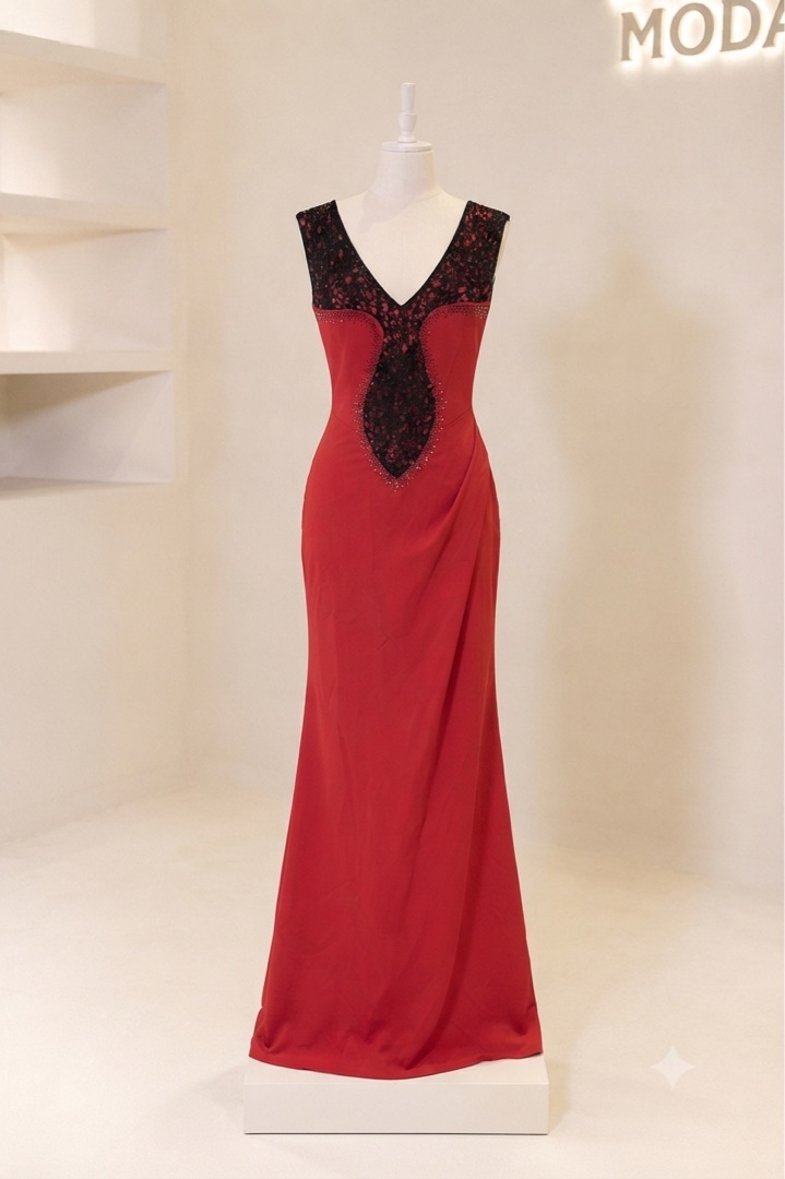 Elegant Red Gown with Black Lace Embellishment