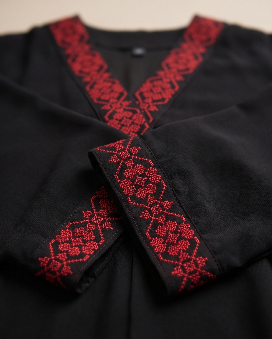 Black Abaya with Red Embroidered Trim 4