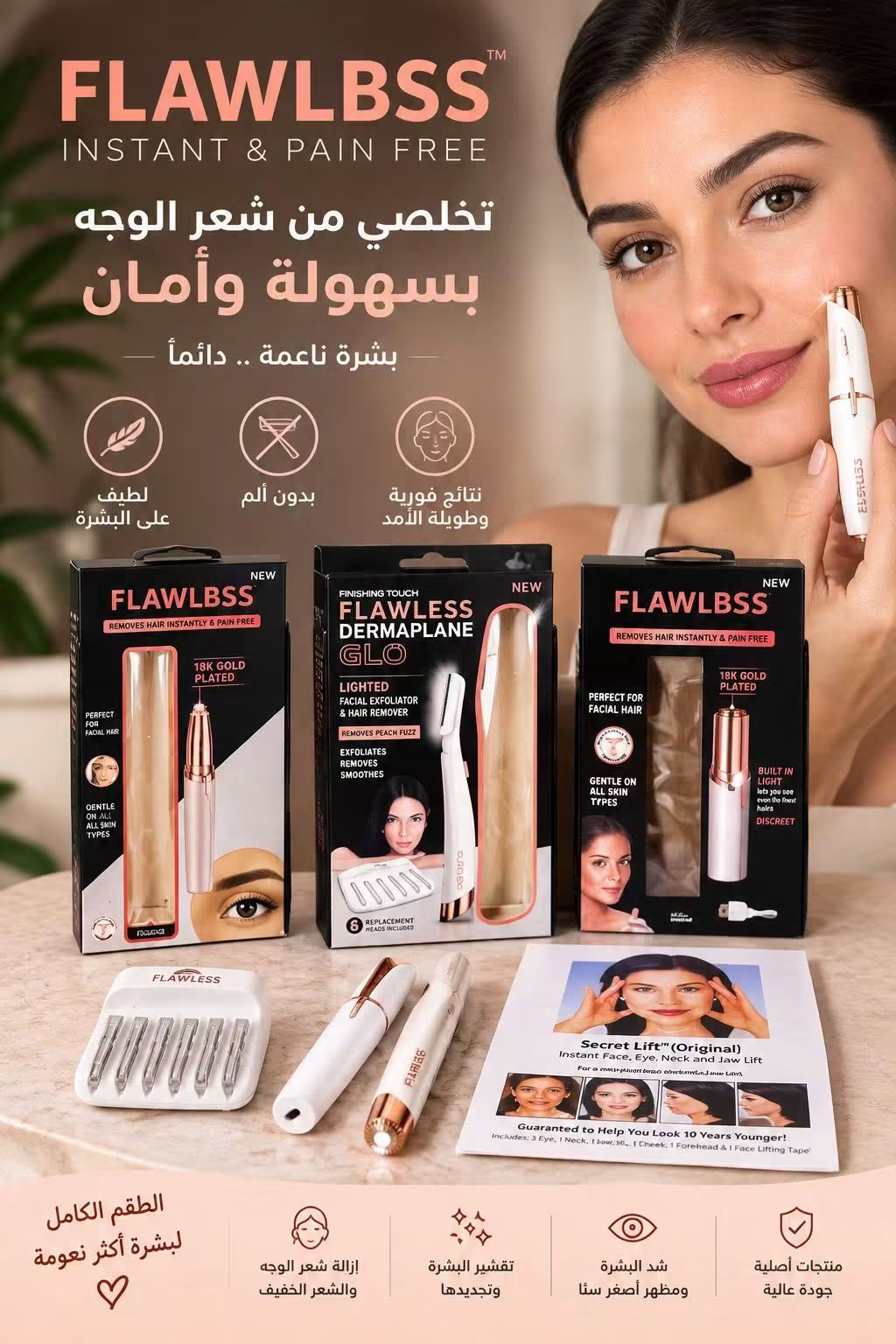 مجموعة إزالة الشعر الفوري والخالي من الألم ومقشر ديرمابلان جلو من Flawlbss