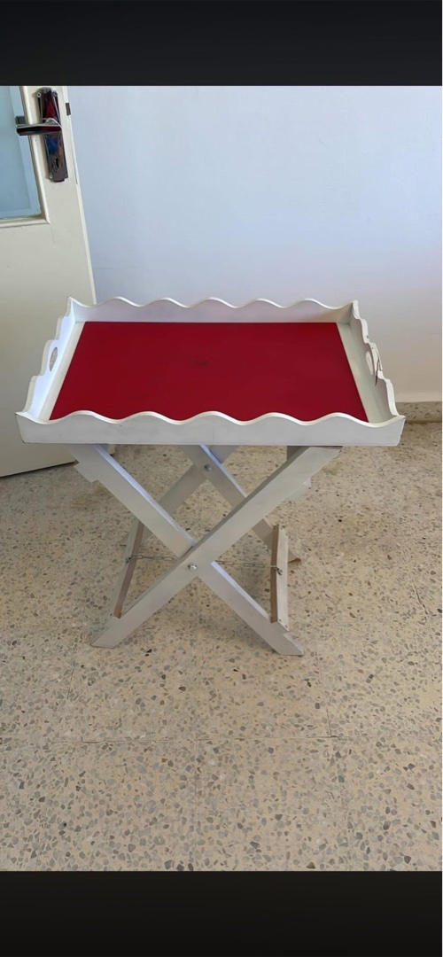 White Wooden Folding Tray Table with Red Top