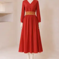 Red V-Neck Long Sleeve Dress with Embroidered Belt