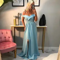 Fame Istanbul فستان سهرة أزرق سماوي اوف شولدر من