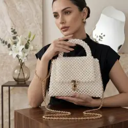 Elegant Pearl Beaded Handbag with Gold Chain