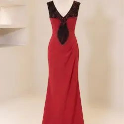 Elegant Red Gown with Black Lace Embellishment