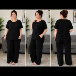 طقم نسائي أسود مكون من بلوزة بأكمام قصيرة وبنطال واسع الساق